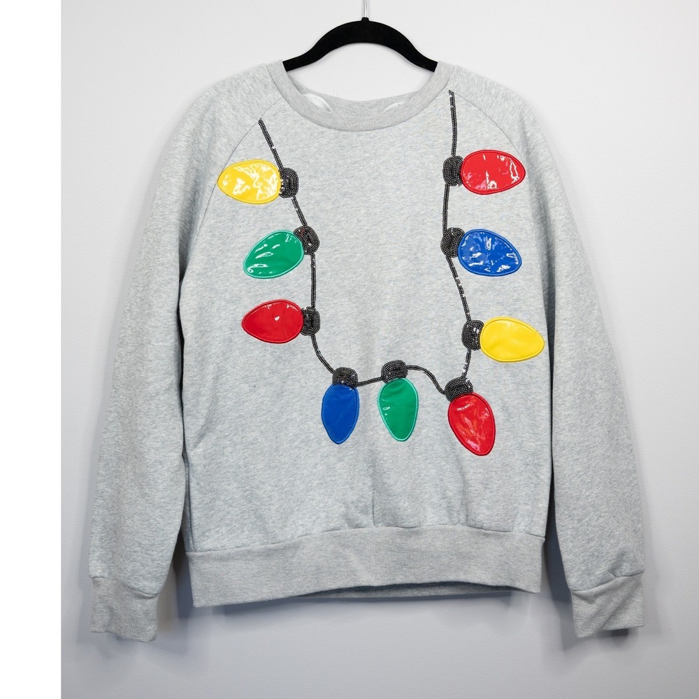 Fashion by Mirabeau Sweatshirt Womens Small Gray Holiday Christmas Lights Bulbs